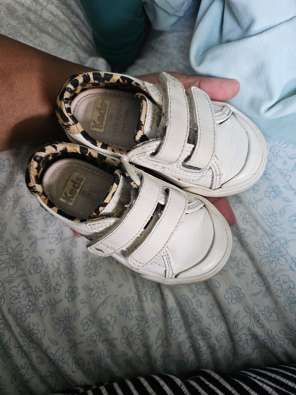 Kate Spade Keds Kids White Leather Sneakers with Leopard Trim